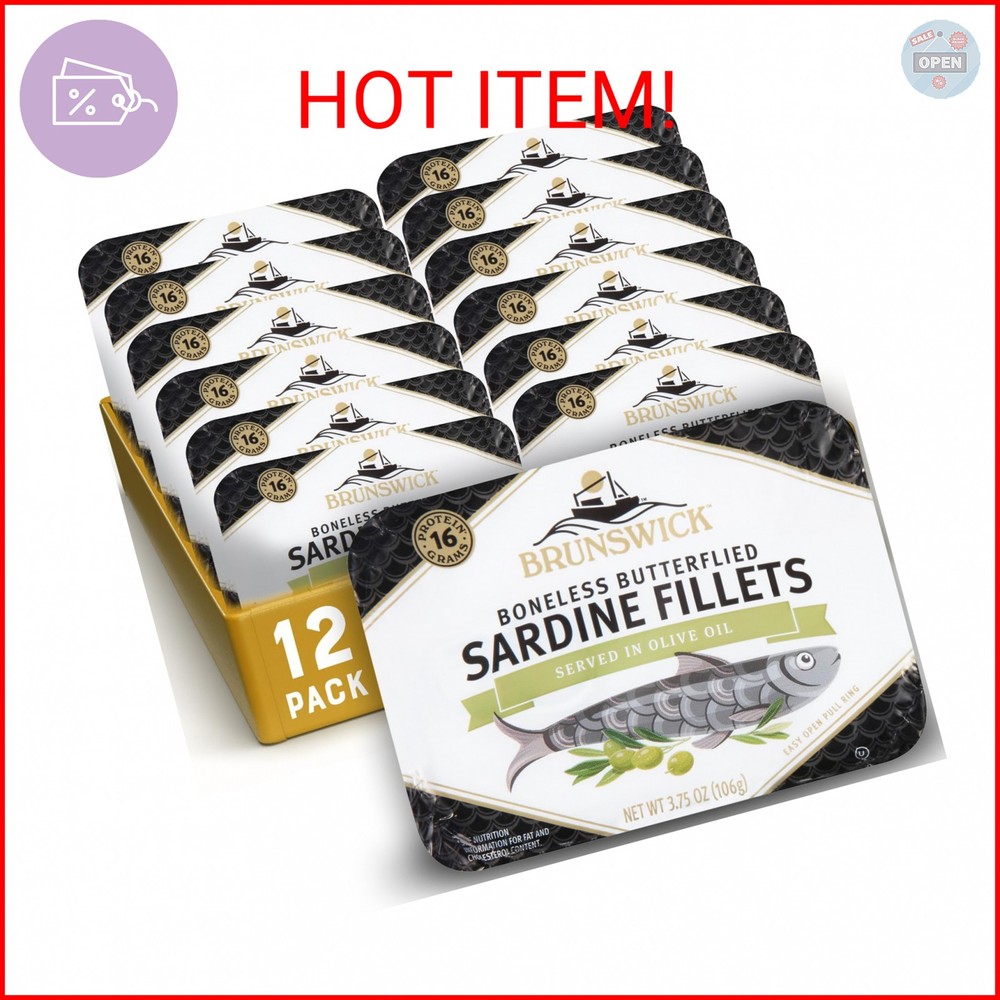 Brunswick Sardines in Olive Oil, 3.75 oz Can (Pack of 12) – Boneless Butterflied