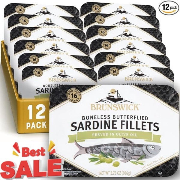 Brunswick Sardines in Olive Oil, 3.75 oz Can(Pack of 12)Boneless Butterflied new