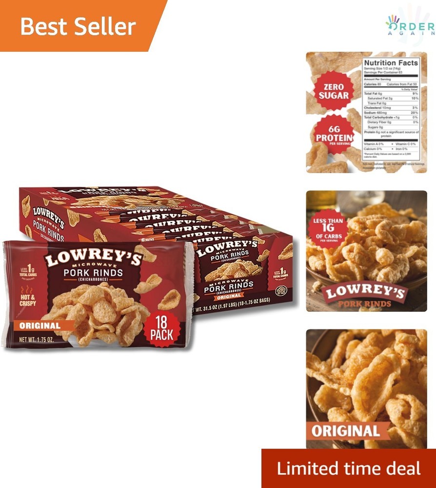 Microwave Pork Rinds Pack of 18 1.75 oz Crispy Low-Carb Snack