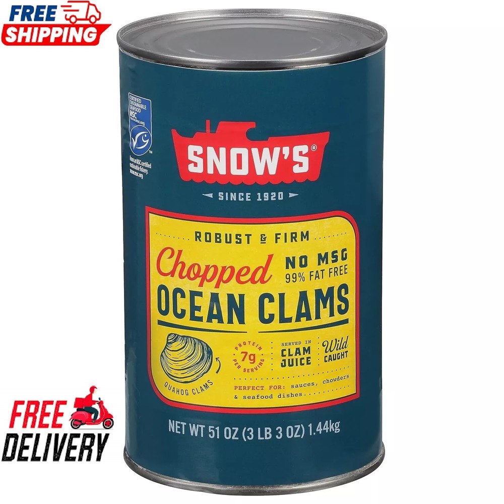 Snow’s Ocean Chopped Clams Canned, 51 oz Can – 7g Protein per Serving – Gluten F