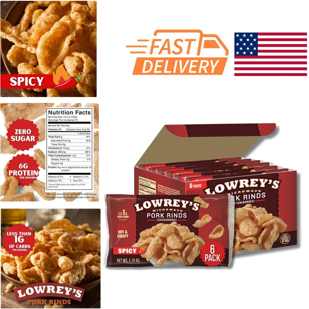 Delicious Hot and Spicy Pork Rinds 1.75 Ounce Pack of 6 Microwave Ready