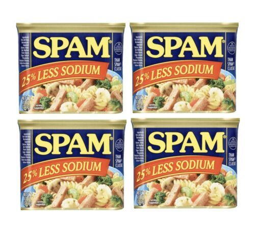 SPAM 25% Less Sodium 4 Set 12 oz. Cans Meat Food Pork FRESH Exp. 2025