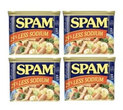SPAM 25% Less Sodium 4 Set 12 oz. Cans Meat Food Pork FRESH Exp. 2025