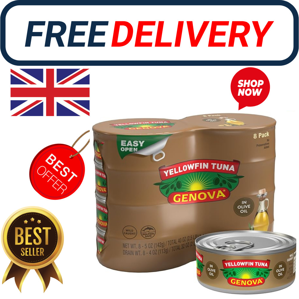 Genova Premium Yellowfin Tuna in Olive Oil, Wild Caught, Solid Light, 5 oz. 8pcs