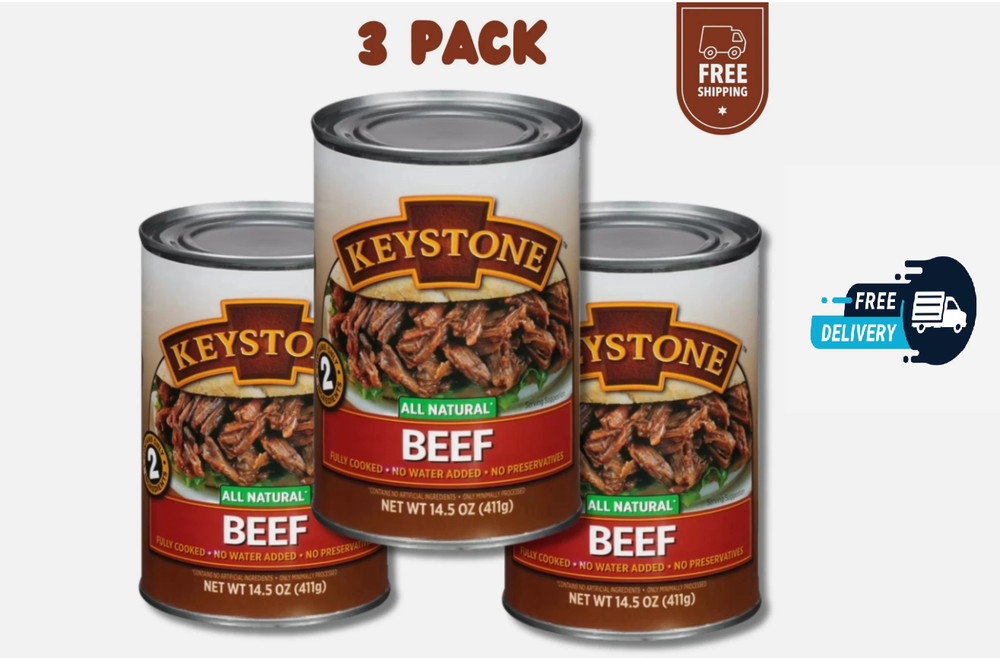 Keystone Meats All Natural Beef 3 Cans | Fully Cooked 14.5 oz Canned Meat Bulk