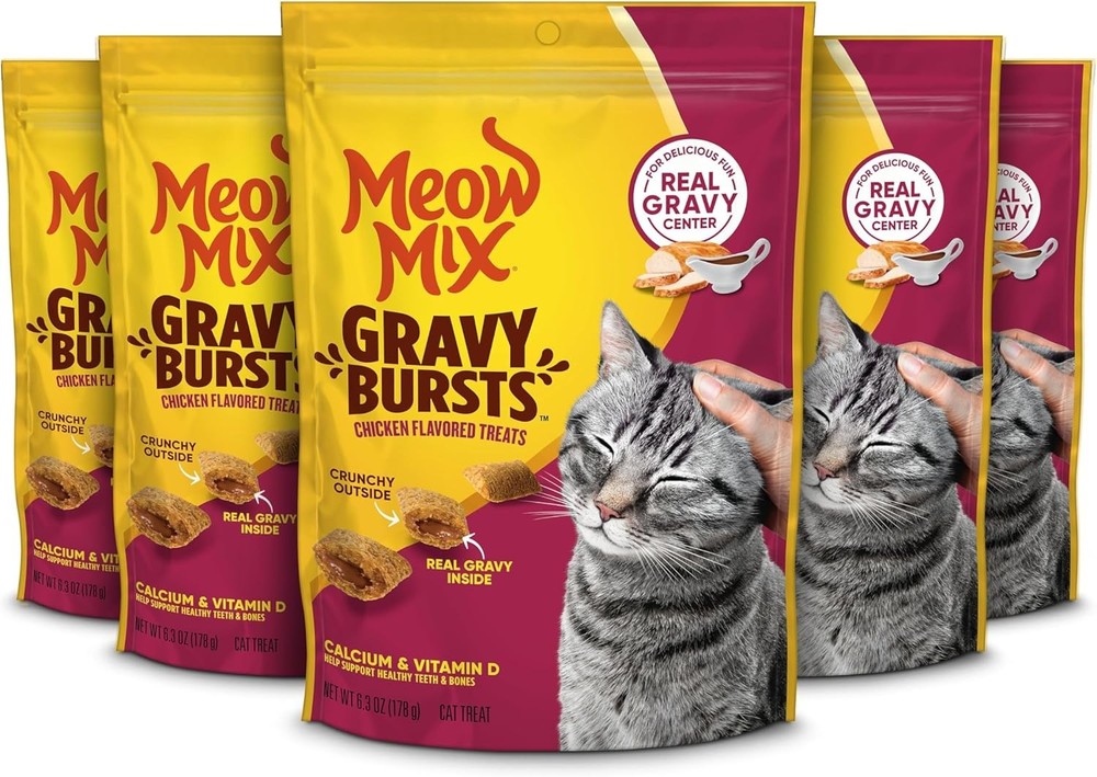 Meow Mix Gravy Bursts Chicken Flavored Cat Treats, 6.3 Oz. Bags (Pack of 5)