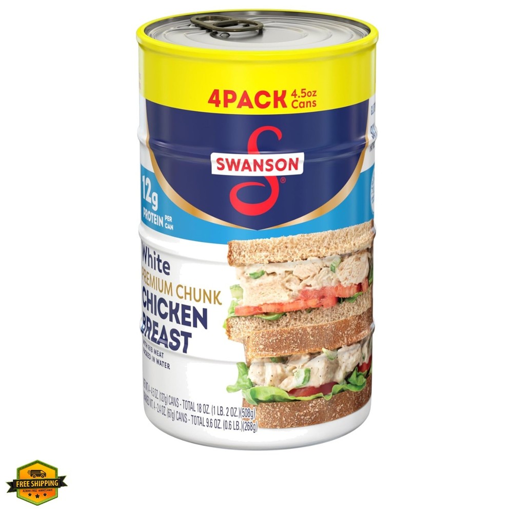 Swanson White Chunk Chicken Breast with Rib Meat in Water, 4.5 oz. Pack of 4