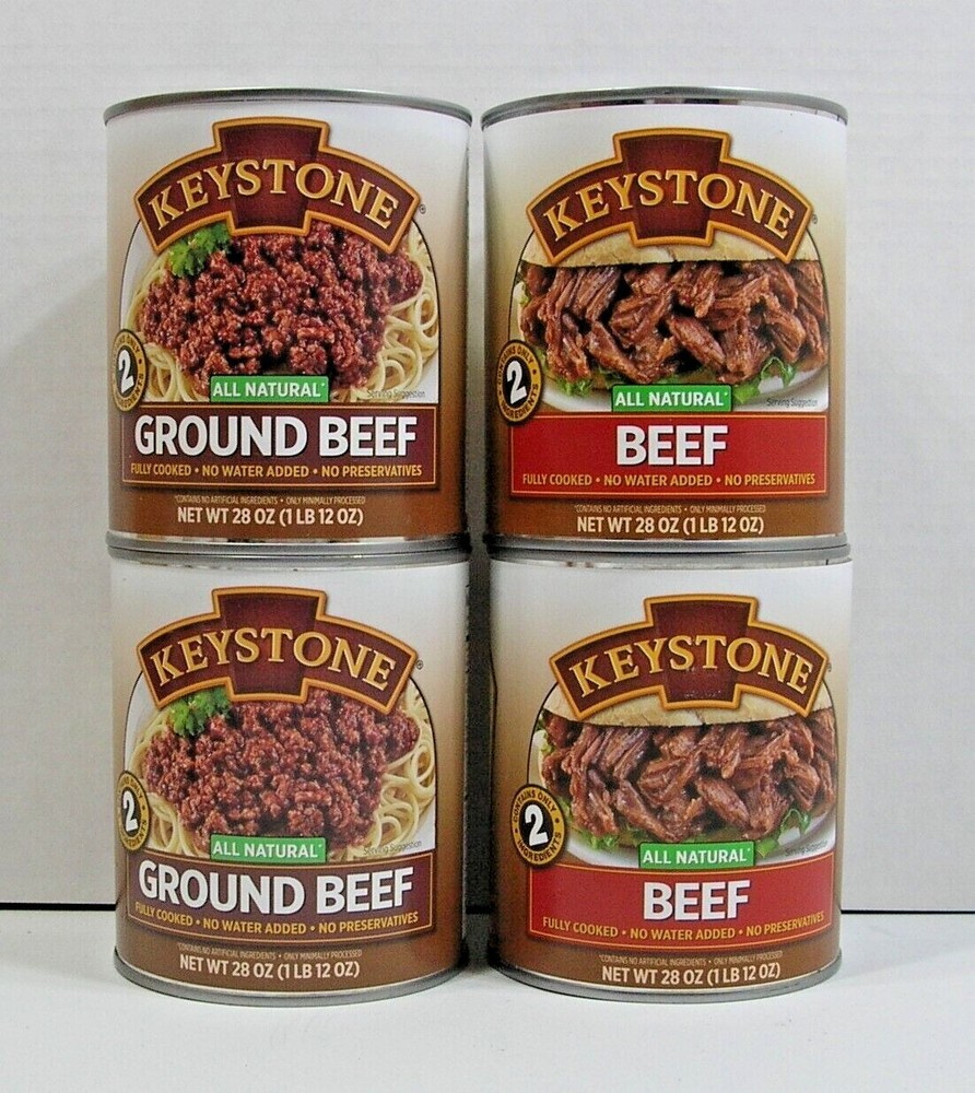 (4 Cans) Keystone **ALL NATURAL – FULLY COOKED** (2) Ground Beef – (2) Beef 28oz