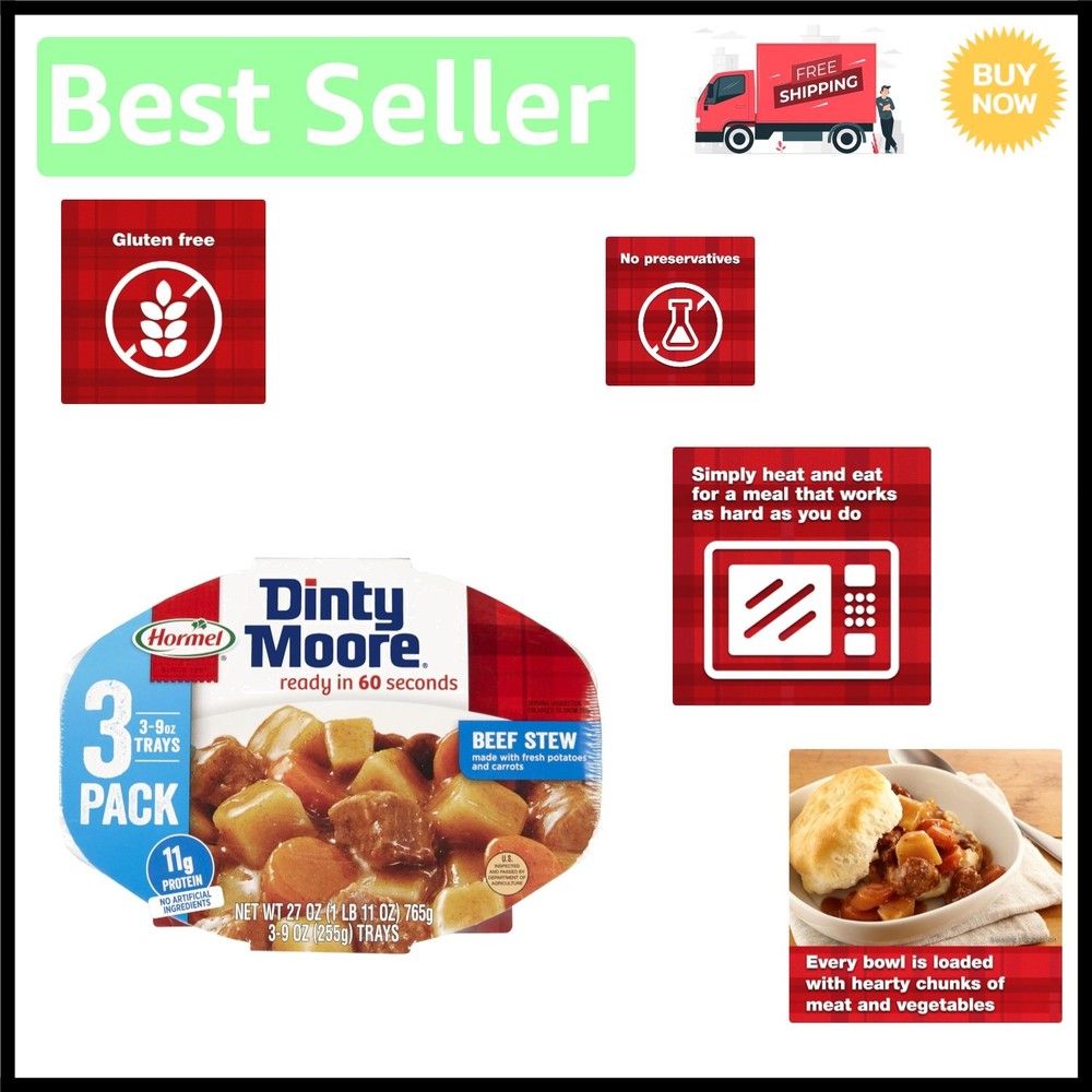 Dinty Moore Beef Stew 9oz (Pack of 3) – Hearty, Gluten-Free Meal Solution