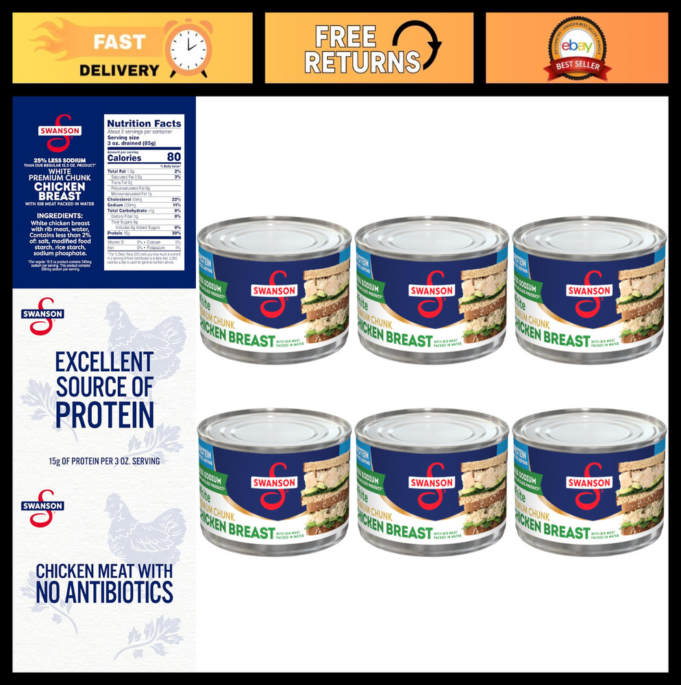 Premium Chunk Canned Chicken Breast in Water, 12.5 OZ Can, Low Sodium, Pack of 6