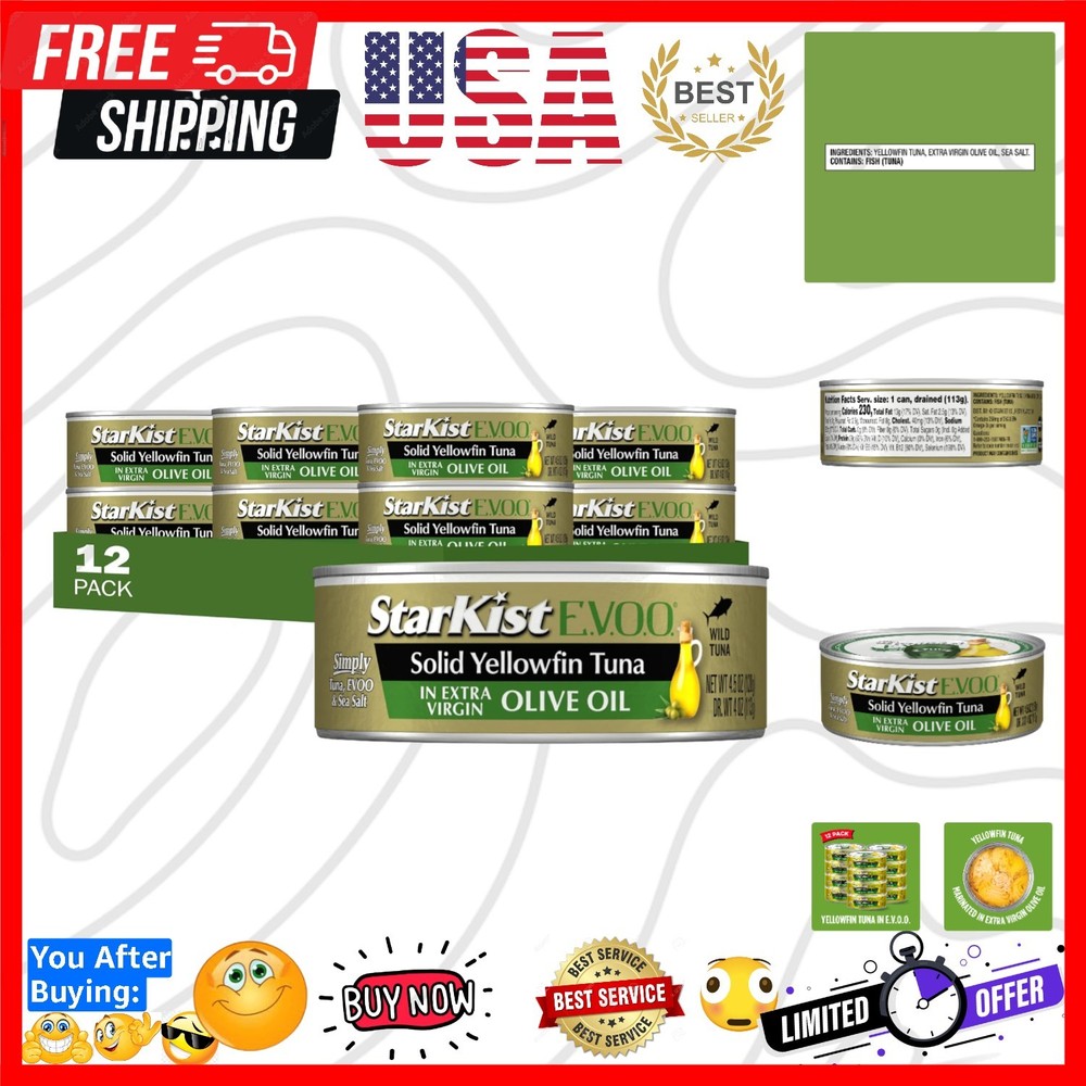 E.V.O.O. Solid Yellowfin/light Tuna in Extra Virgin Olive Oil – 4.5 oz Can Pa…