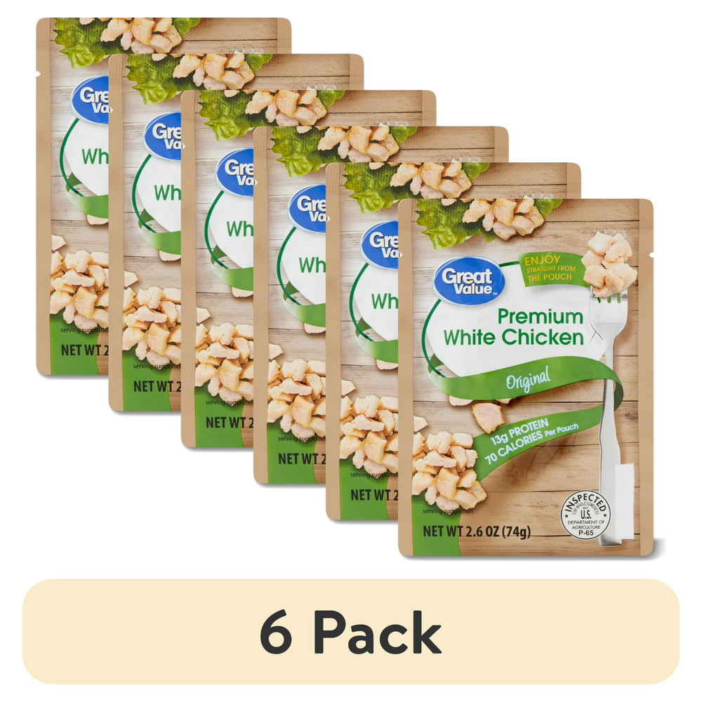 (6 Pack) Great Value Premium White Chicken 2.6 oz Pouch Fully Cooked Ready to Ea