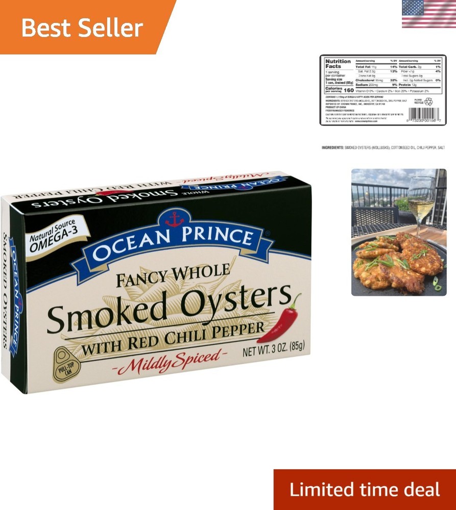 Ocean Prince Smoked Oysters with Red Chili Pepper – Nutritious Snack Pack of 18