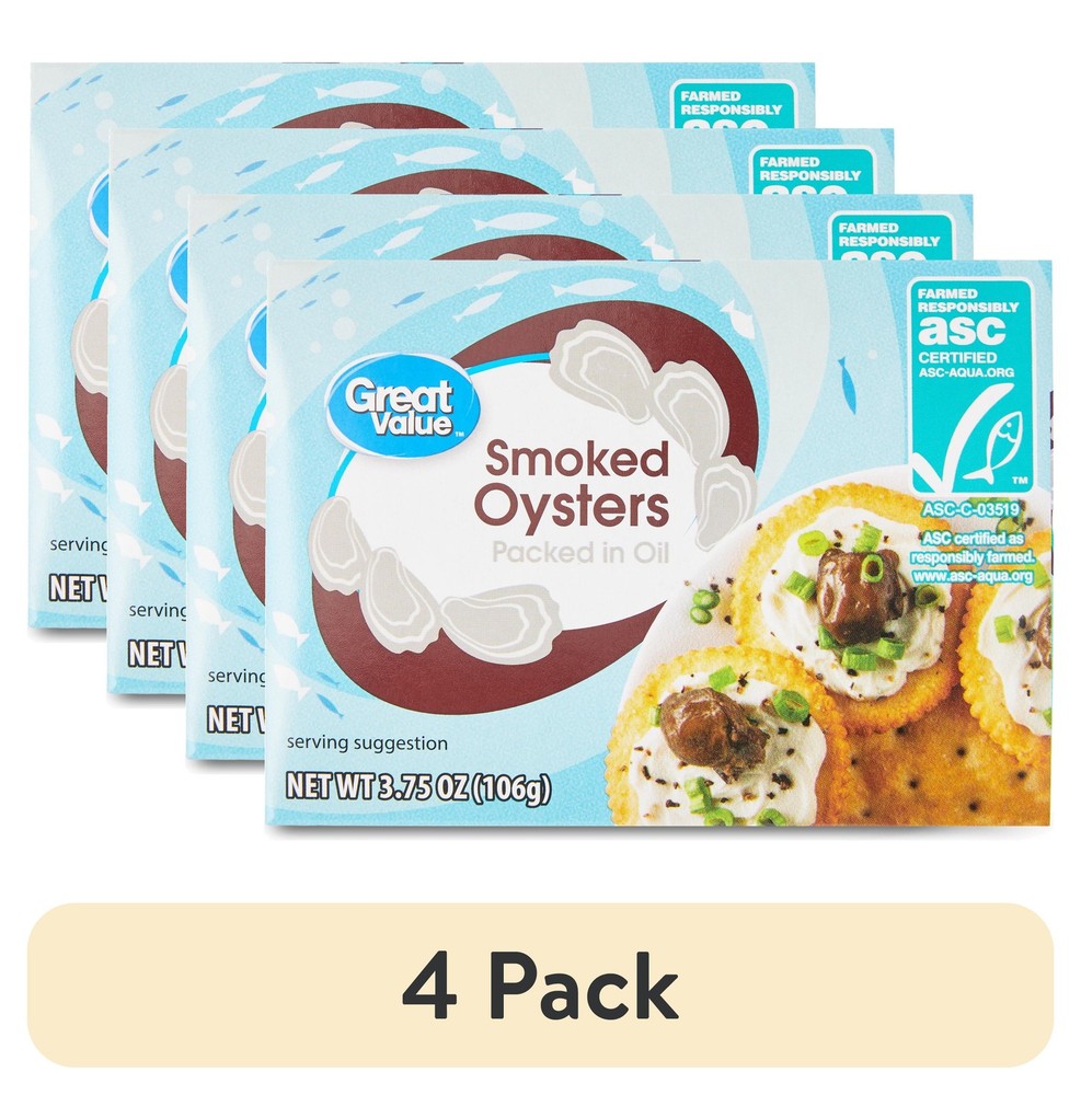 (4 pack) Great Value Smoked Oysters, 3.75 oz