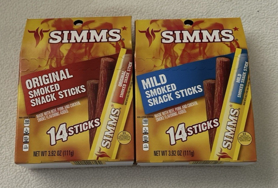 2 Simms Original & Mild Smoked Snack Sticks 28 Total Individual Sticks Sealed