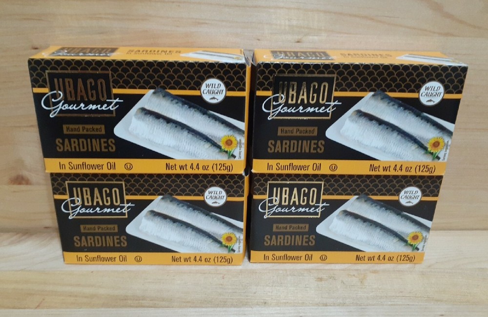4 UBAGO GOURMET HAND PACKED Sardines WILD CAUGHT in sunflower oil 4.4z bumblbee