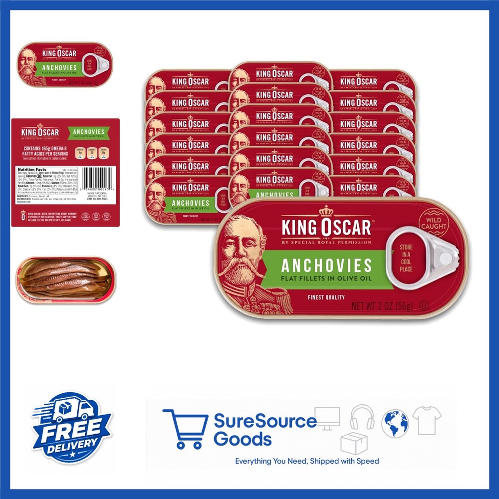 Gourmet Anchovies Fillets in Olive Oil 2 Ounce Cans 18 Pack Wild Caught