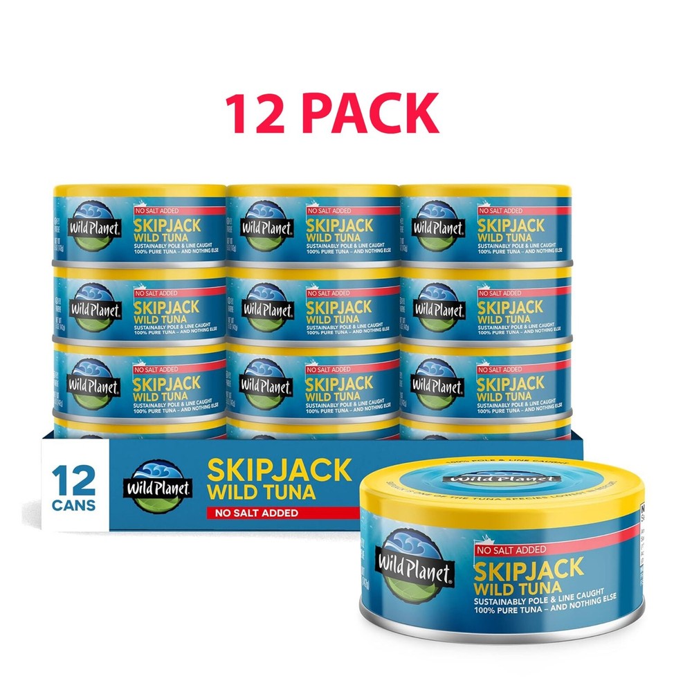 Wild Planet Skipjack Wild Tuna, No Salt Added, Canned Tuna, 5 Ounce (Pack of 12)