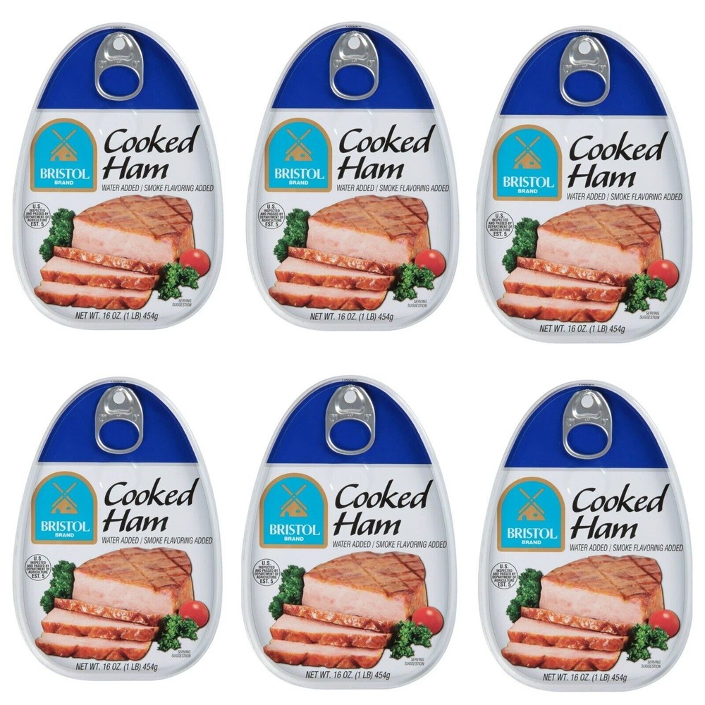6 Pack Bristol Cooked Canned Ham 16oz Smoke Flavor Picnic