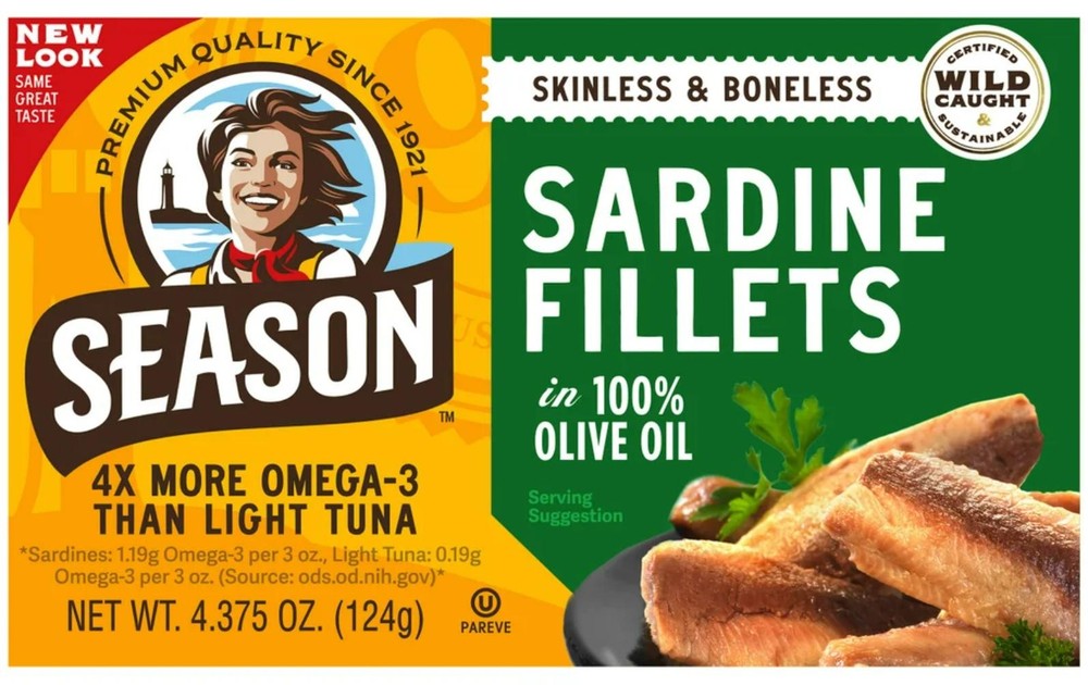 Season Sardine Fillets In 100% Olive Oil Caught Skinless Boneless 4.375 oz 12 ct