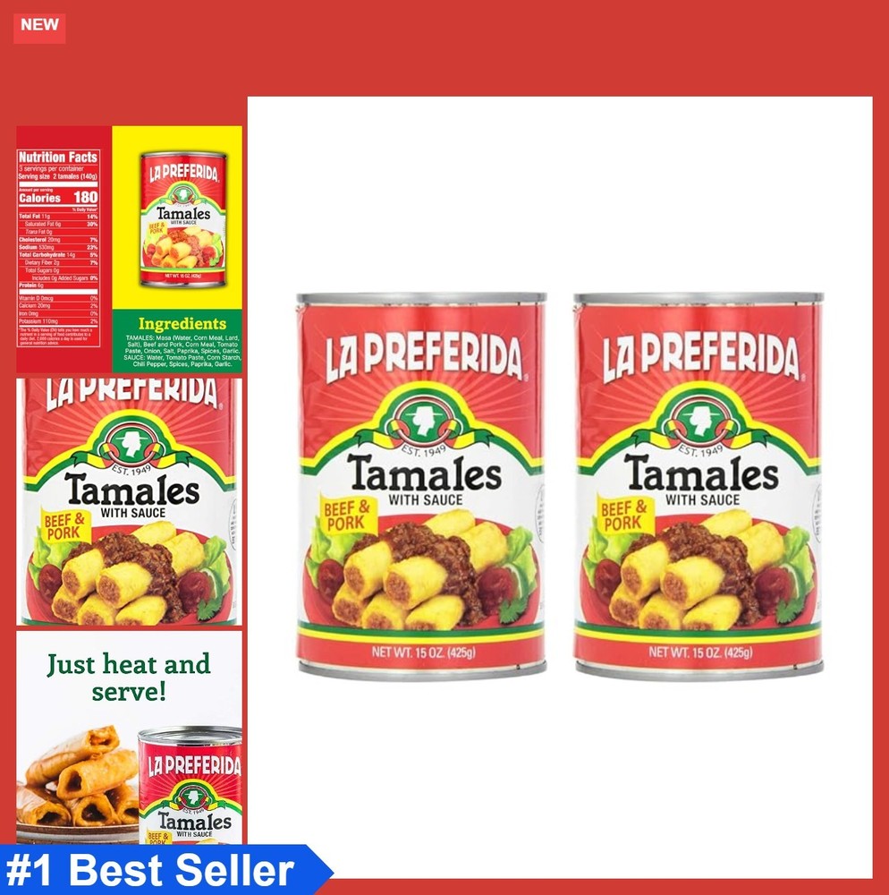 Canned Tamales Beef Pork 15 Oz Pack of 2 Ready to Eat Mexican Red Sauce