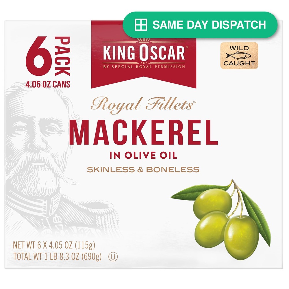 King Oscar Mackerel in Olive Oil, 4.05oz Can 6 Pack, Skinless & Boneless,