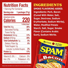 Single Bacon 2.5Oz Individual Pouch (Pack of 12) Fully Cooked Pork and Ham, 9G o