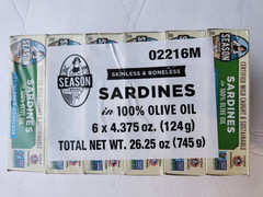 6 SEASON SKINLESS & BONELESS SARDINES 100 % OLIVE OIL 4.38 OZ EACH 07/2026 WILD
