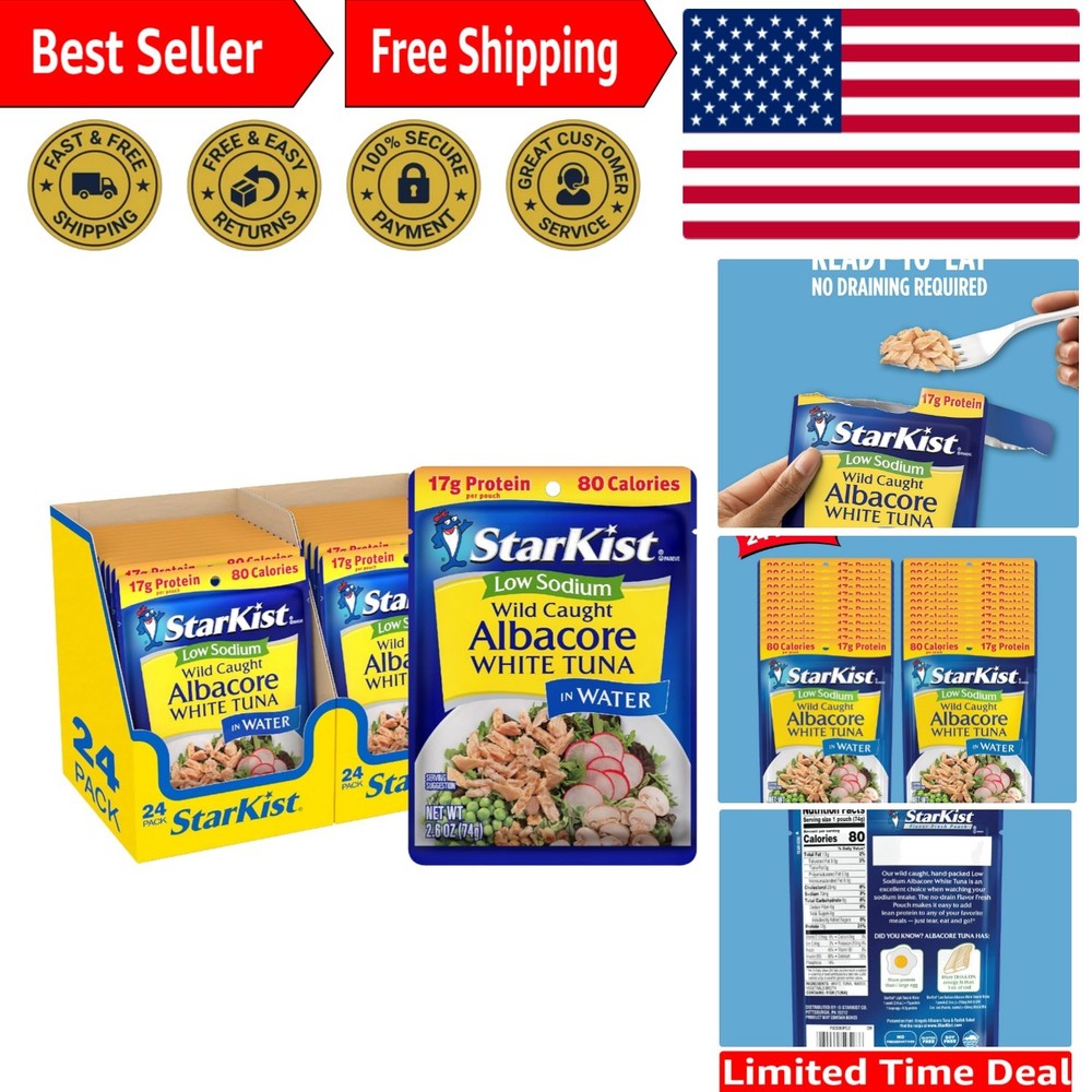 Low Sodium Wild Caught Albacore Tuna Pouch 2.6 oz – 24 Pack Gluten Free Snack