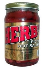 16oz Jar of Herb’s Spicy Pickled Hot Sausage – Delicious Snack for Adventurers
