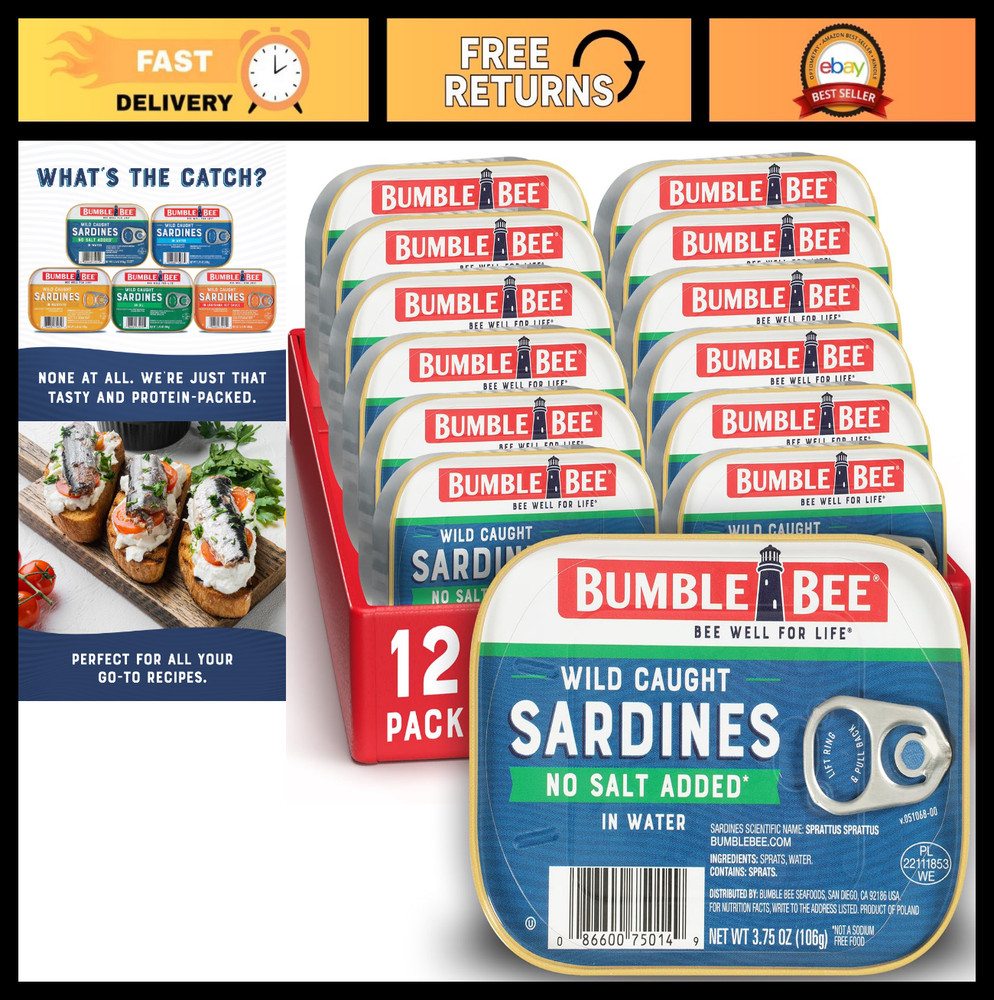 Wild Caught Sardines in Water, No Salt Added, Gluten Free, Keto, 3.75 oz Tin (12