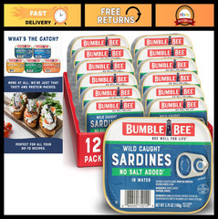 Wild Caught Sardines in Water, No Salt Added, Gluten Free, Keto, 3.75 oz Tin (12