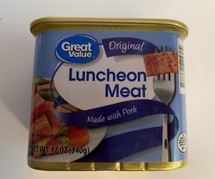 Three Cans of GREAT VALUE Luncheon Meat. Made with Pork. 12 Oz. Each Can
