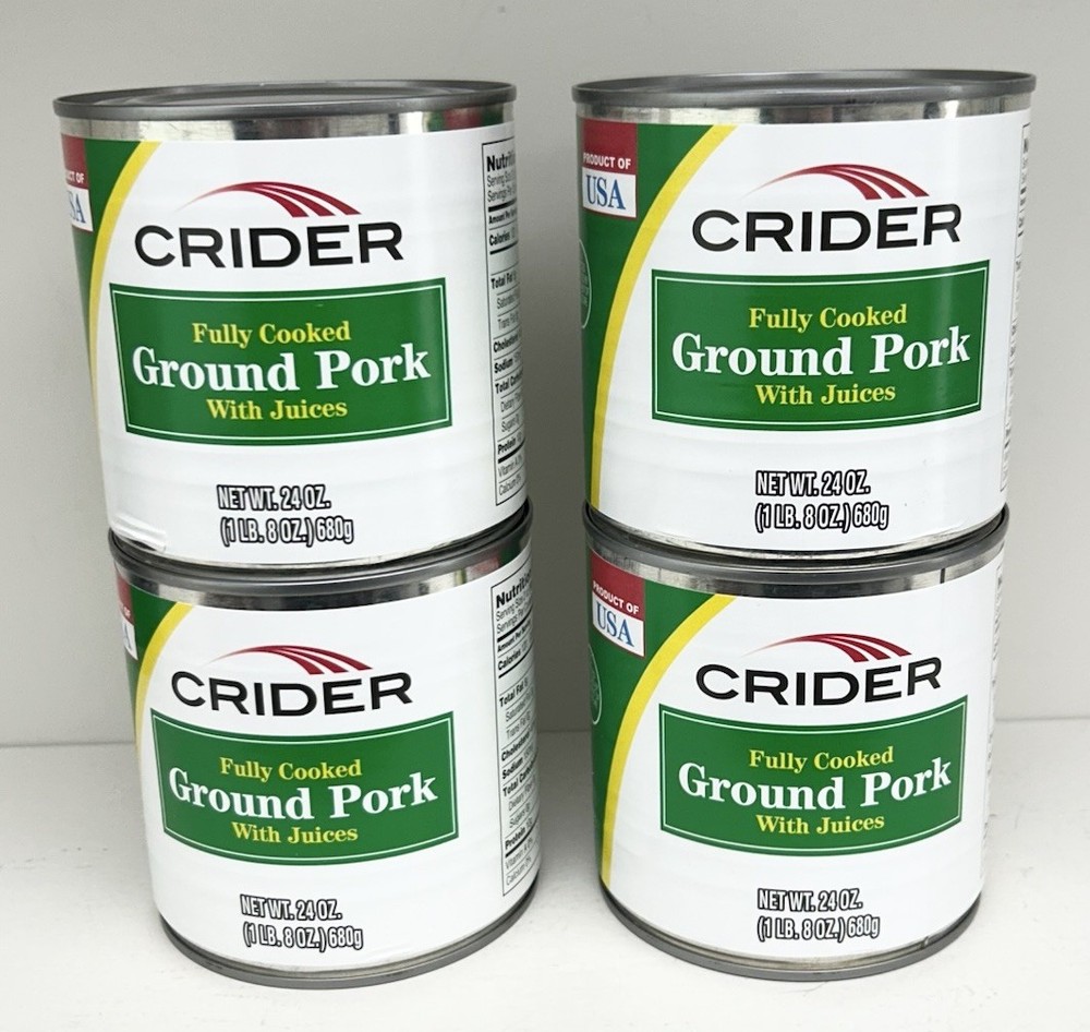Lot of (4) Crider Fully Cooked Ground Pork / Canned 24oz 1LB / Exp. 05/30/2027!