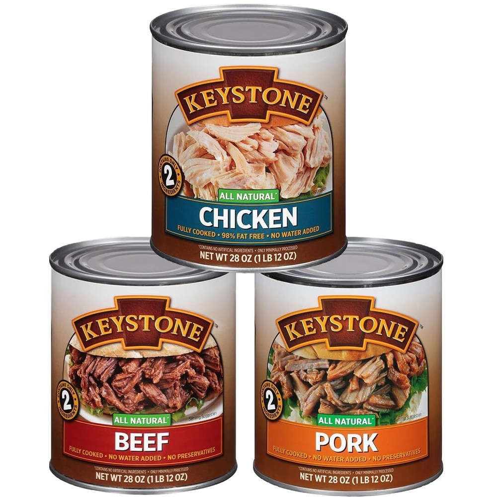 3 Cans- KEYSTONE Meats All Natural Canned Beef, Chicken and Pork Bundle 28oz