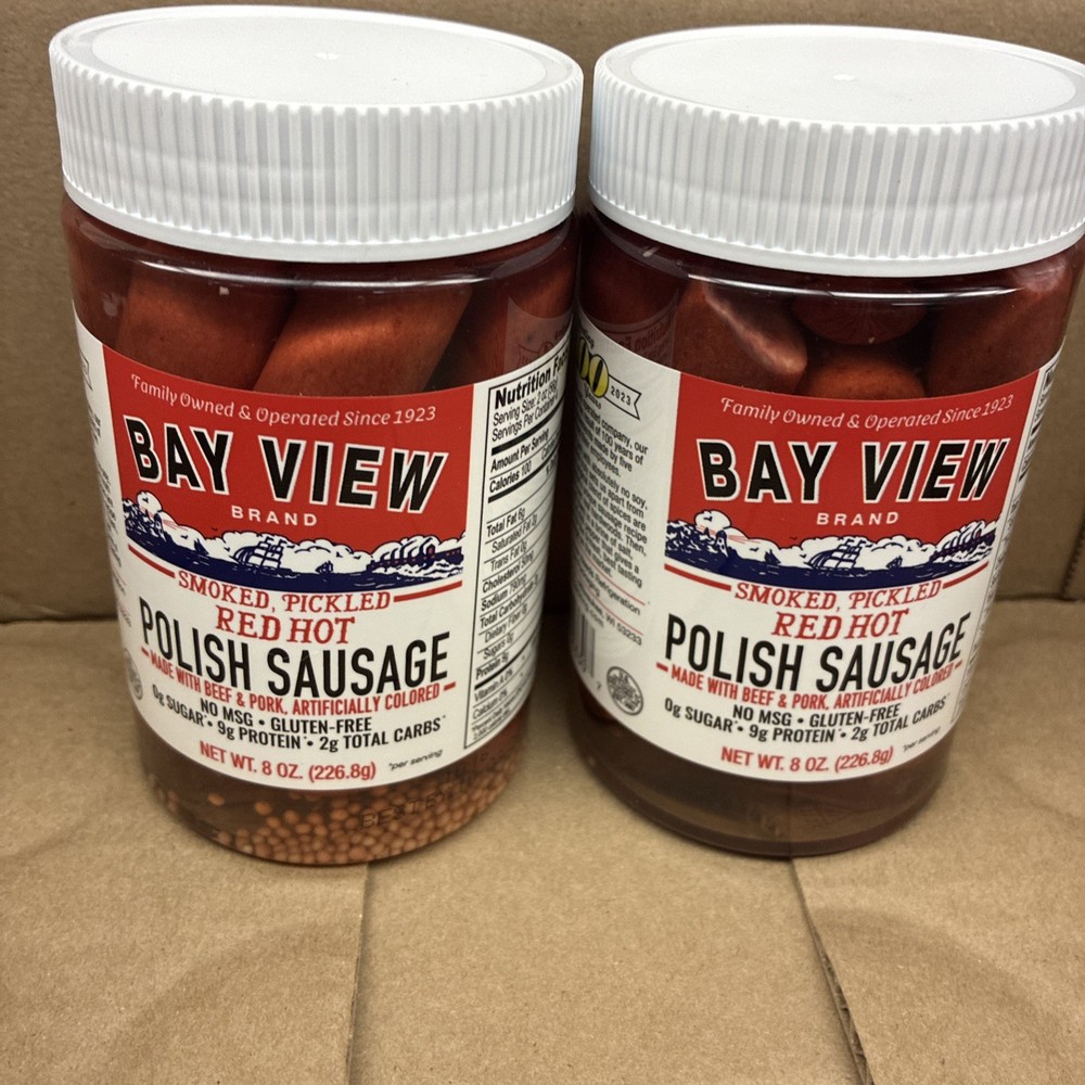 Bay View Smoked Pickled RED HOT Sausage Beef Pork Gluten Free, 8 oz 2 Jars