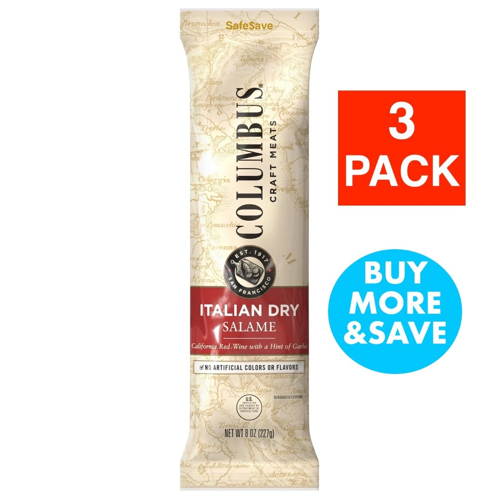 3 PACKS Columbus Salami Italian Dry Salame 8oz Each FRESH 8/24/2026