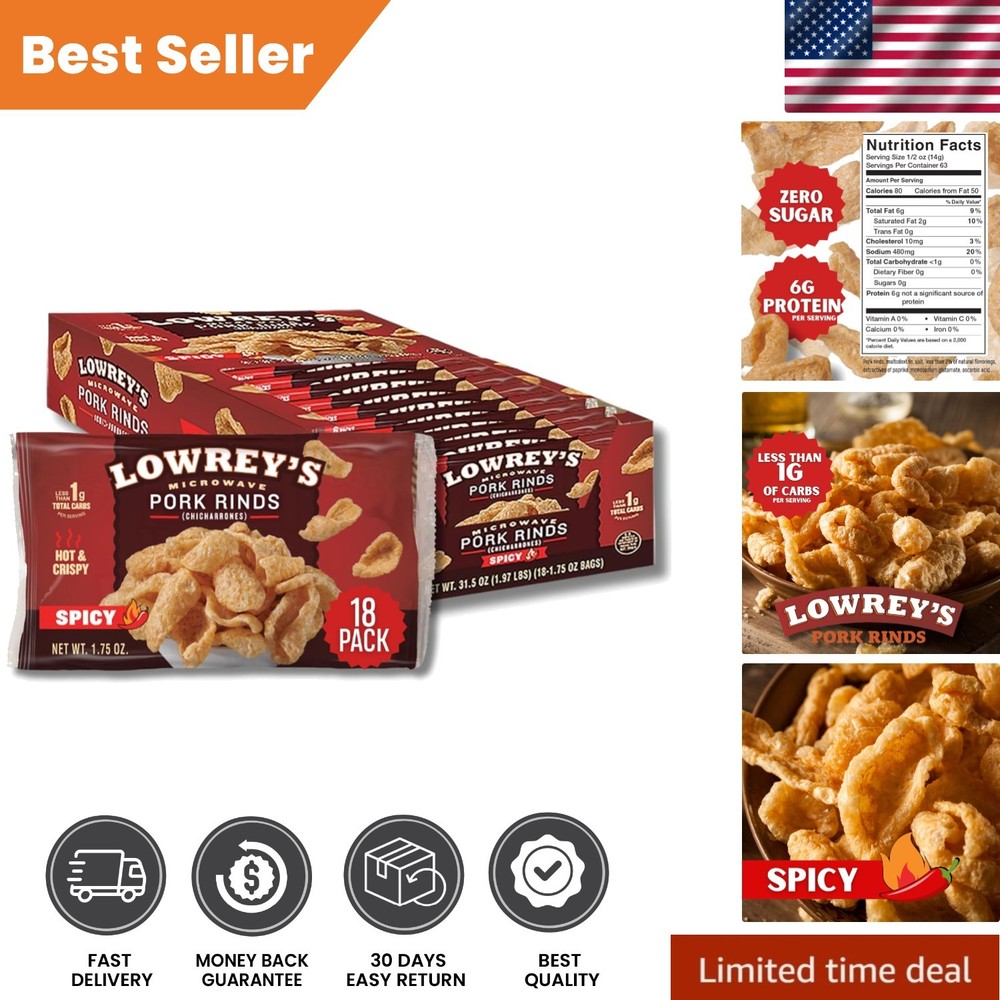 Low-Carb Hot & Spicy Pork Rinds – Crispy Chicharrones, 1.75oz, 18 Packs