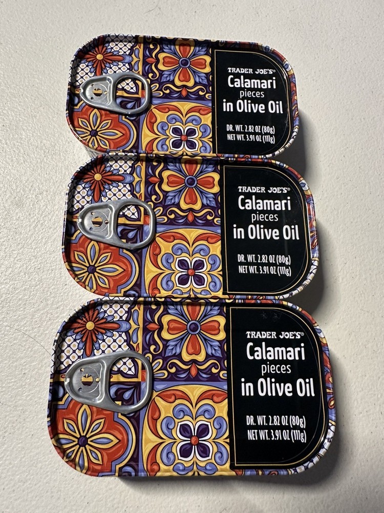 3 X Trader Joe’s Calamari Pieces In Olive Oil 3.91 oz X 3 Cans Giant Squid
