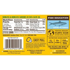 Season Sardines Skinless Boneless in 100% Olive Oil, Pack of 6, Wild-Caught,