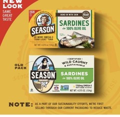 Season Sardines in Pure Olive Oil, 4.375-Oz Cans (4 Packs Of 6) 24 Cans