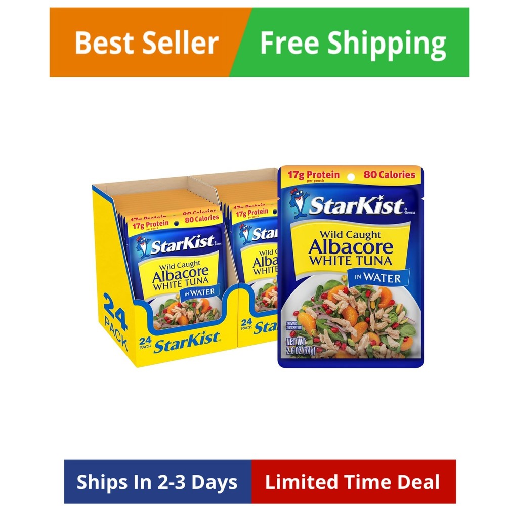 Albacore White Tuna in Water, 2.6 oz Pouch 24 Pack Ready to Eat Wild Caught T…