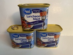 Three Cans of GREAT VALUE Luncheon Meat. Made with Pork. 12 Oz. Each Can