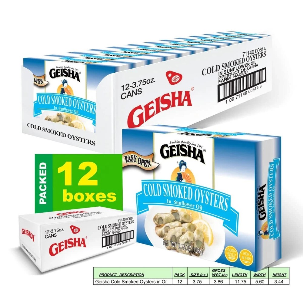 GEISHA Cold Smoked Oysters in Sunflower Oil 3.75ozPack of 12 Smoked Oysters |…