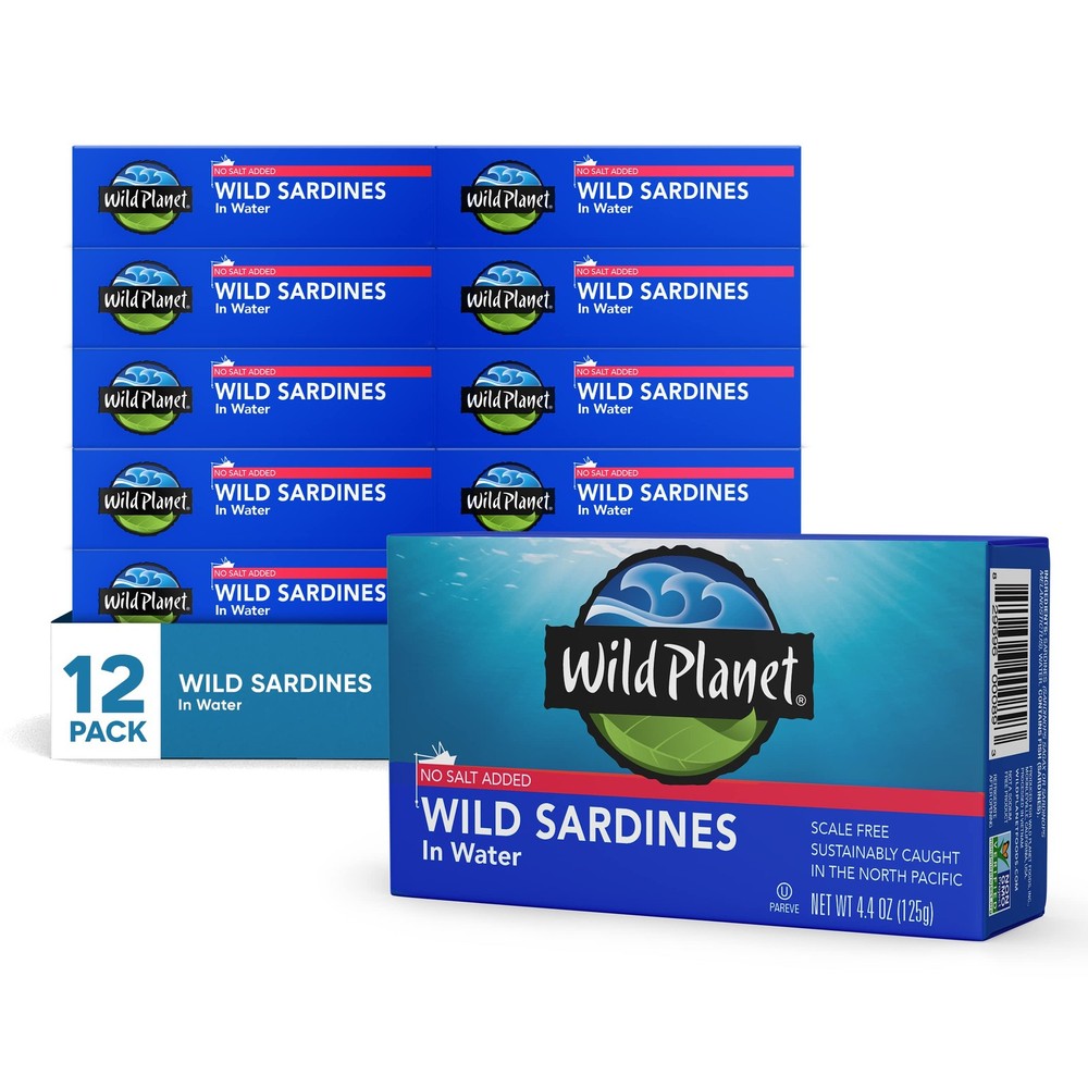 Sustainable Wild Sardines in Water, No Salt, Non-GMO, 4.4 oz (Pack of 12)