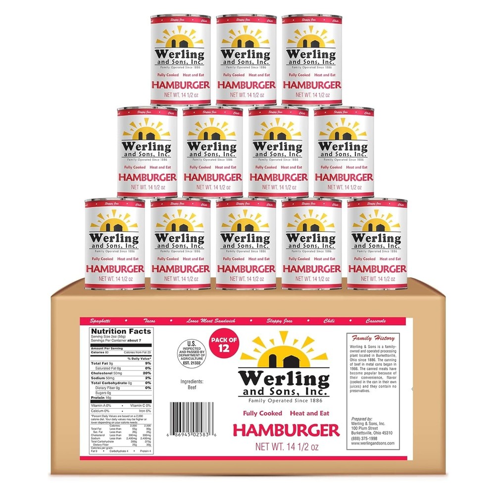 12 Cans Pack- Werling & Sons Canned Hamburger 14.5 Oz Fully Cooked Ground Beef