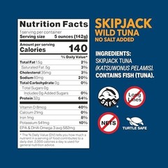 Skipjack Wild Tuna No Salt Added 5 Oz Cans Pack of 4 Pole and Line Caught