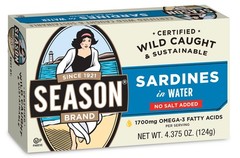 Season Sardines in Water, No Salt Added, 4.375 Ounce