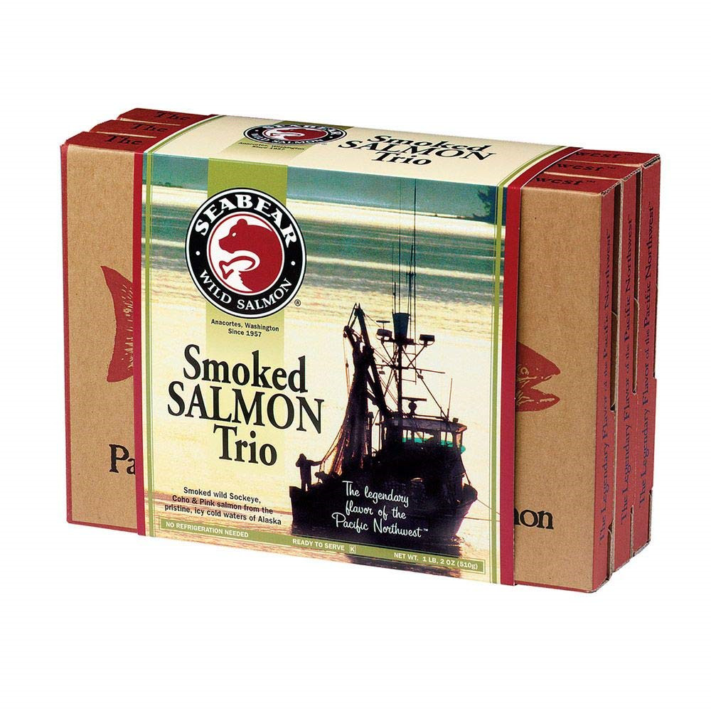 SeaBear – Premium Wild Alaskan Smoked Sockeye, Coho, and Pink Salmon Trio – 18oz