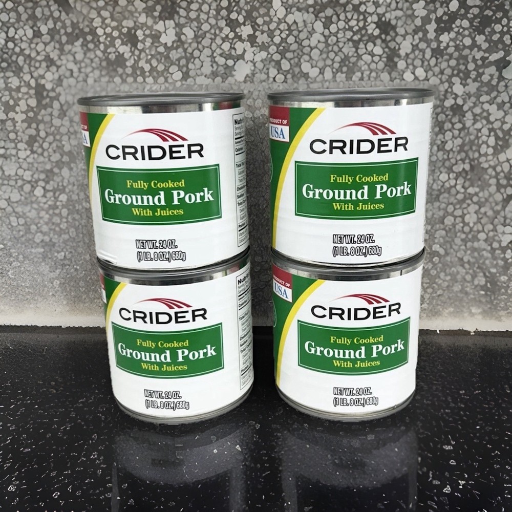 Lot of 4 Crider Fully Cooked Canned Ground Pork 24oz 6 Lbs Exp 06/27! Prep